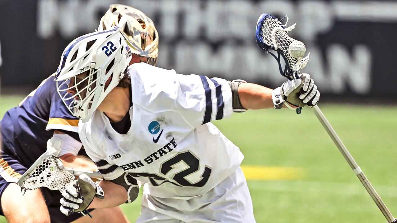 Penn State attackman Matt Traynor looks to go to goal against a Notre Dame defender in an NCAA men's lacrosse quarterfinal game at Navy-Marine Corps Memorial Stadium in Annapolis, Md.